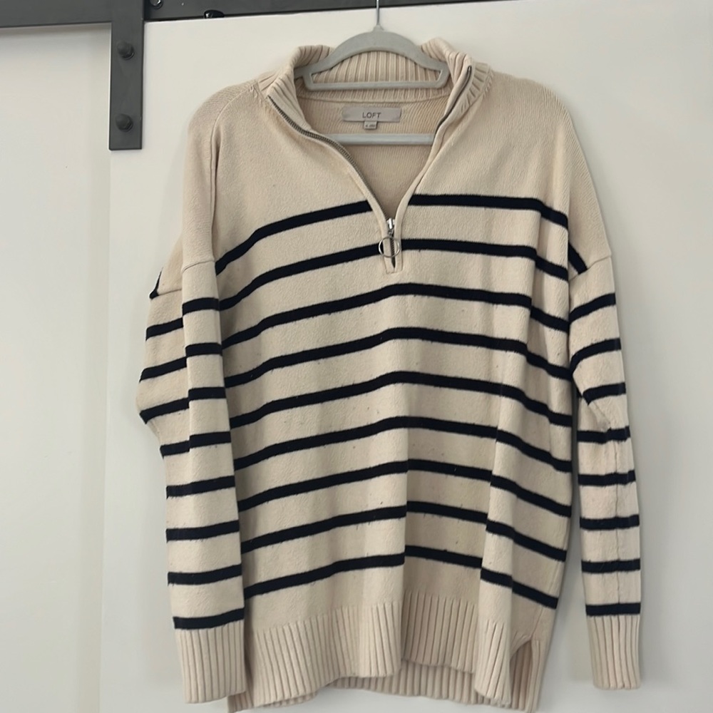 LOFT Striped Quarter Zip Sweater Coastal Stretch Cream Navy Blue XL